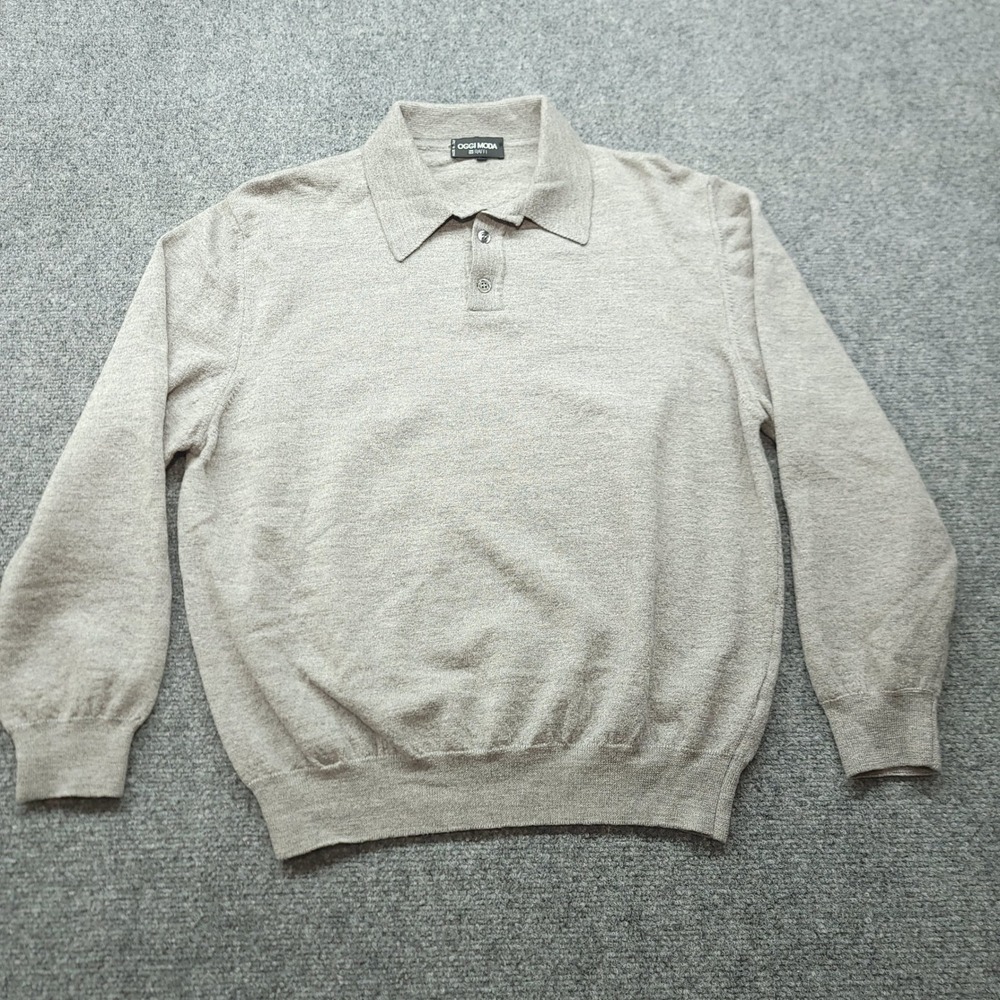 Vintage Oggi Moda by Raffi Mens XL Merino Wool Polo Sweater Made in Italy Gray